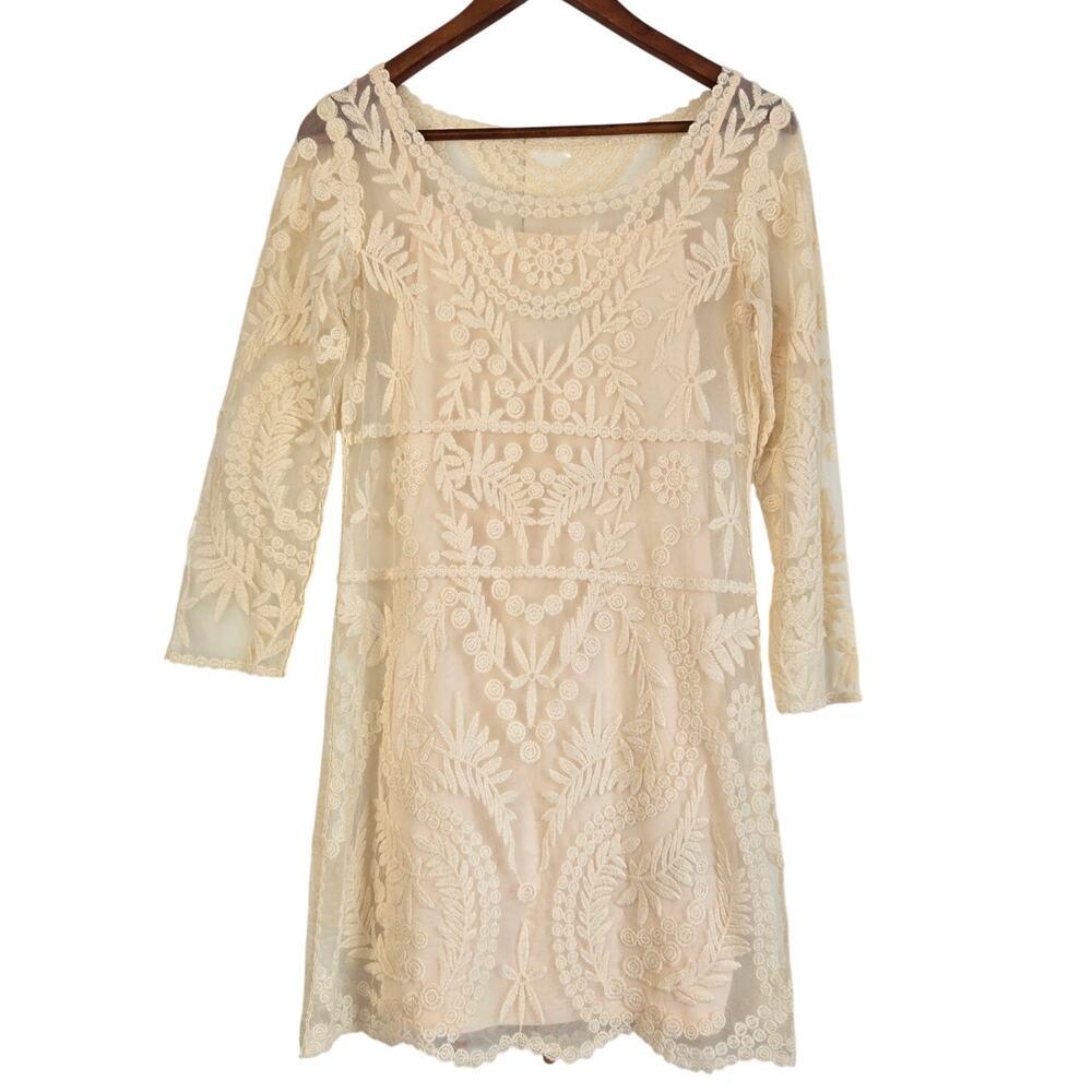 Boho Cream Lace Embroidered Mini Dress 3/4 Sleeves Fairy Whimsigoth Size Small
